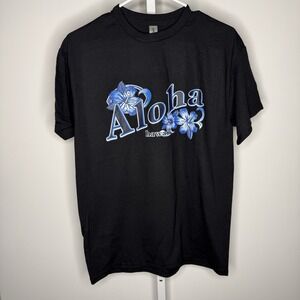 Gildan Black Aloha Hawaii Graphic T-shirt Medium Unisex Short Sleeve